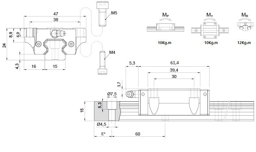 Desenho Guia KRH15-FL - Guia linear 15mm com aba